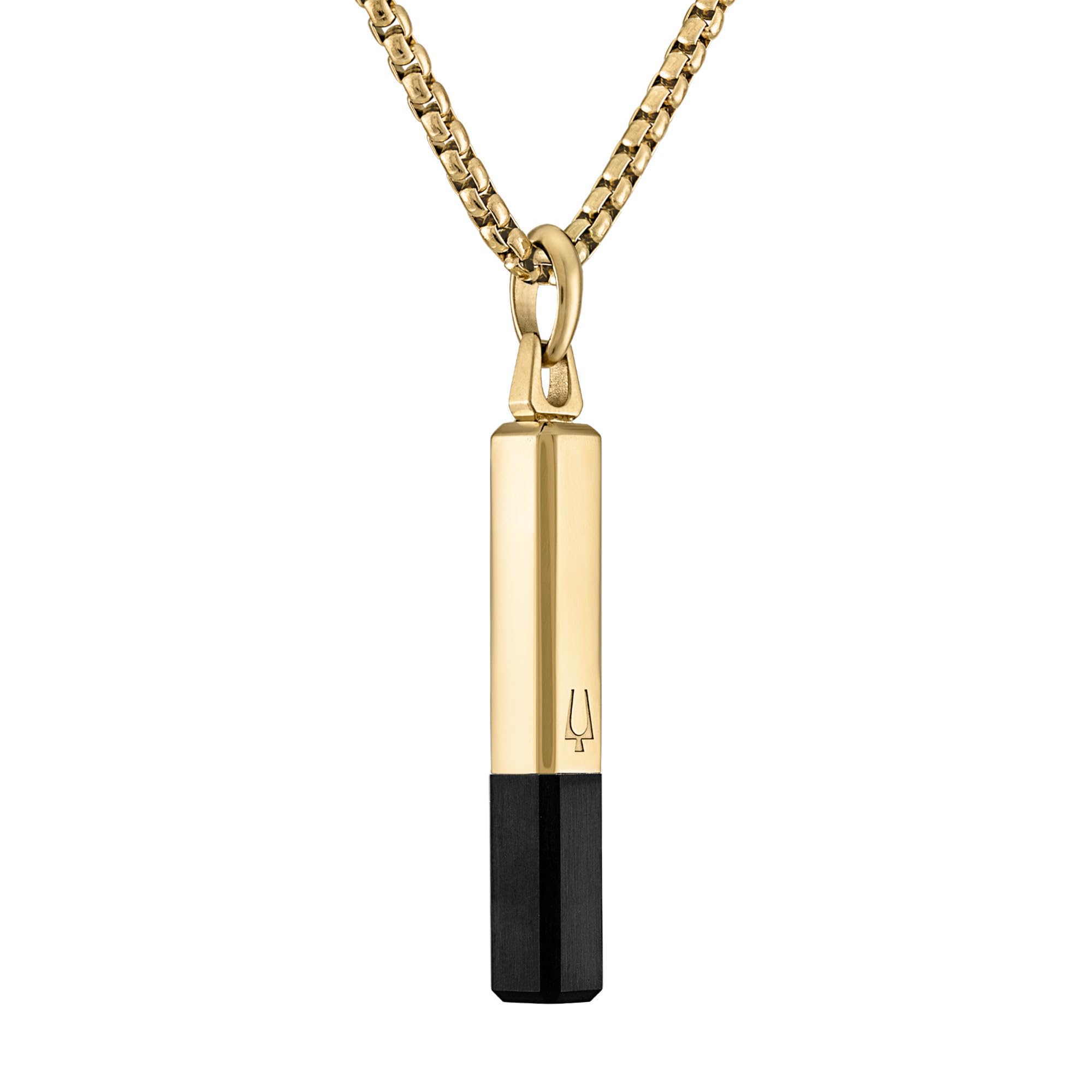 Bulova Jewelry Men's Icon Gold Stainless Steel and Inlay Black Spinel Bar Shaped Amulet Pendant and Yellow Stainless Steel Rounded Box Link Chain Necklace,Length 24"-26" Style:BVC1074-YSTBSP - Image 3