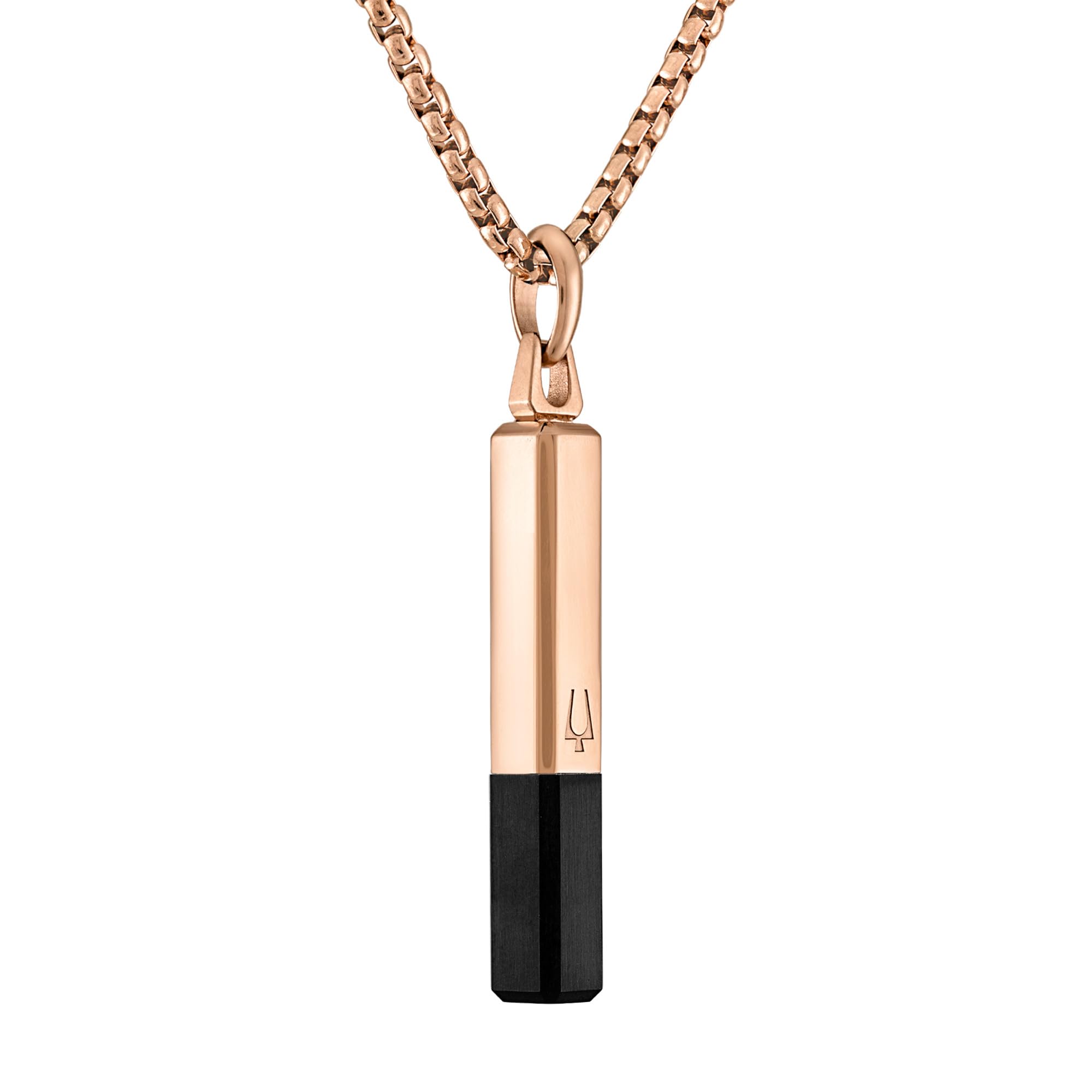 Bulova Jewelry Men's Latin Grammy Rose Gold Stainless Steel Bar Shaped Amulet Pendant, Inlay Black Spinel,Rose Tone Stainless Steel Rounded Box Link Chain Necklace Style:BVC1074-RSTBSP - Image 3