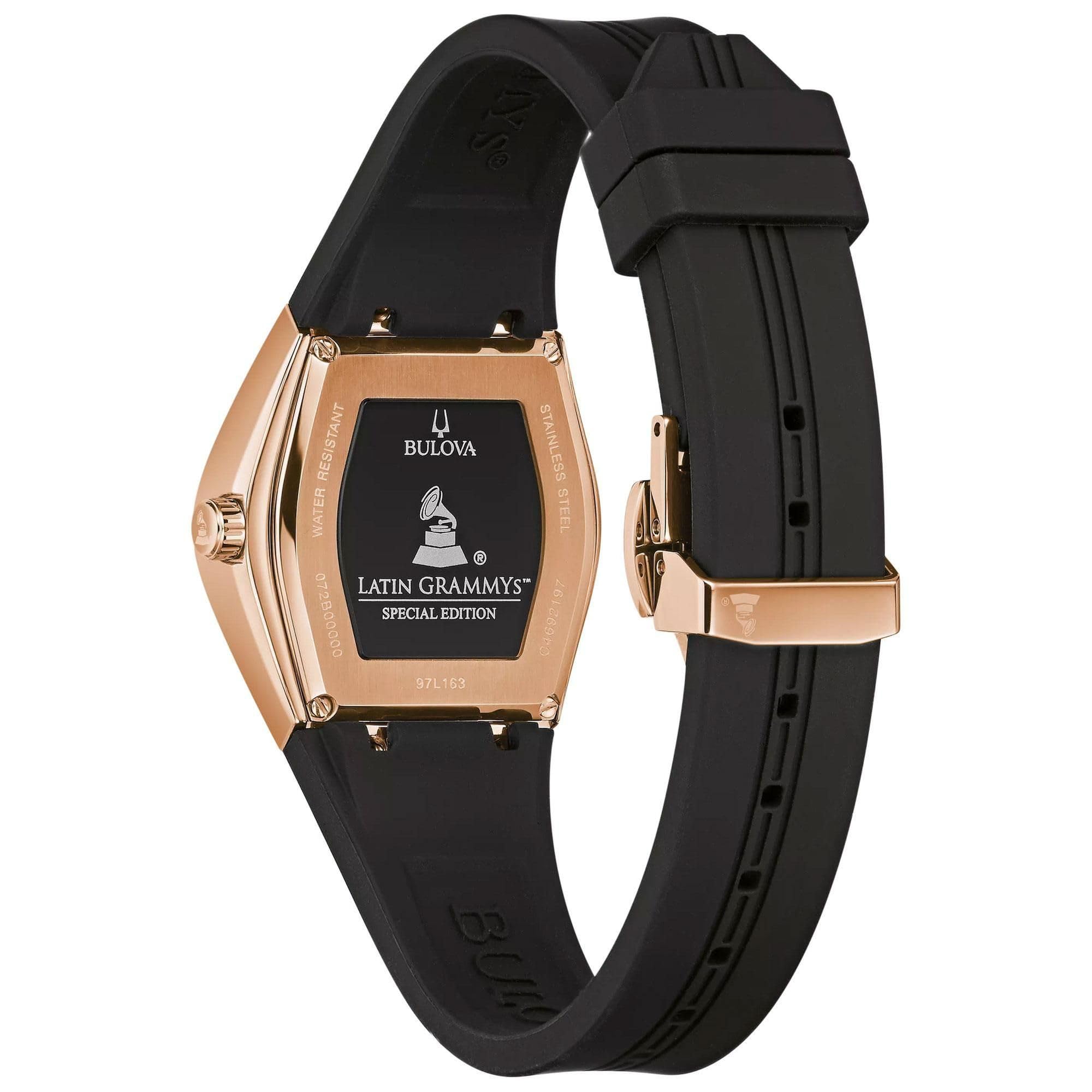 Bulova Latin Grammy Gemini Quartz Rose Gold Stainless Steel Accent with Curved Mineral Crystal and Black Silicone Strap Watch, Ladies - Image 3
