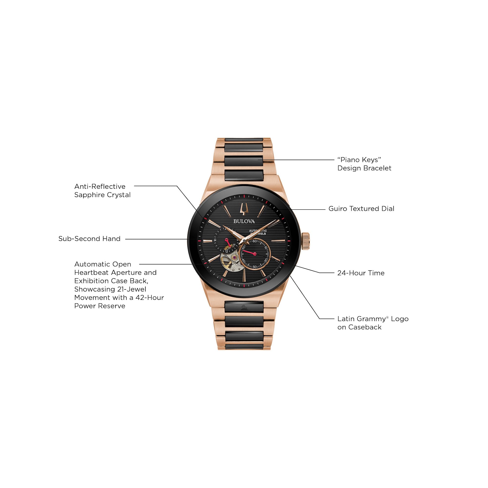 Bulova Latin Grammy Modern Millenia Automatic Two-Tone Stainless Steel Watch,Open Heartbeat Aperture,Exhibition Case Back,Black Dial, (Model:98A236) - Image 5