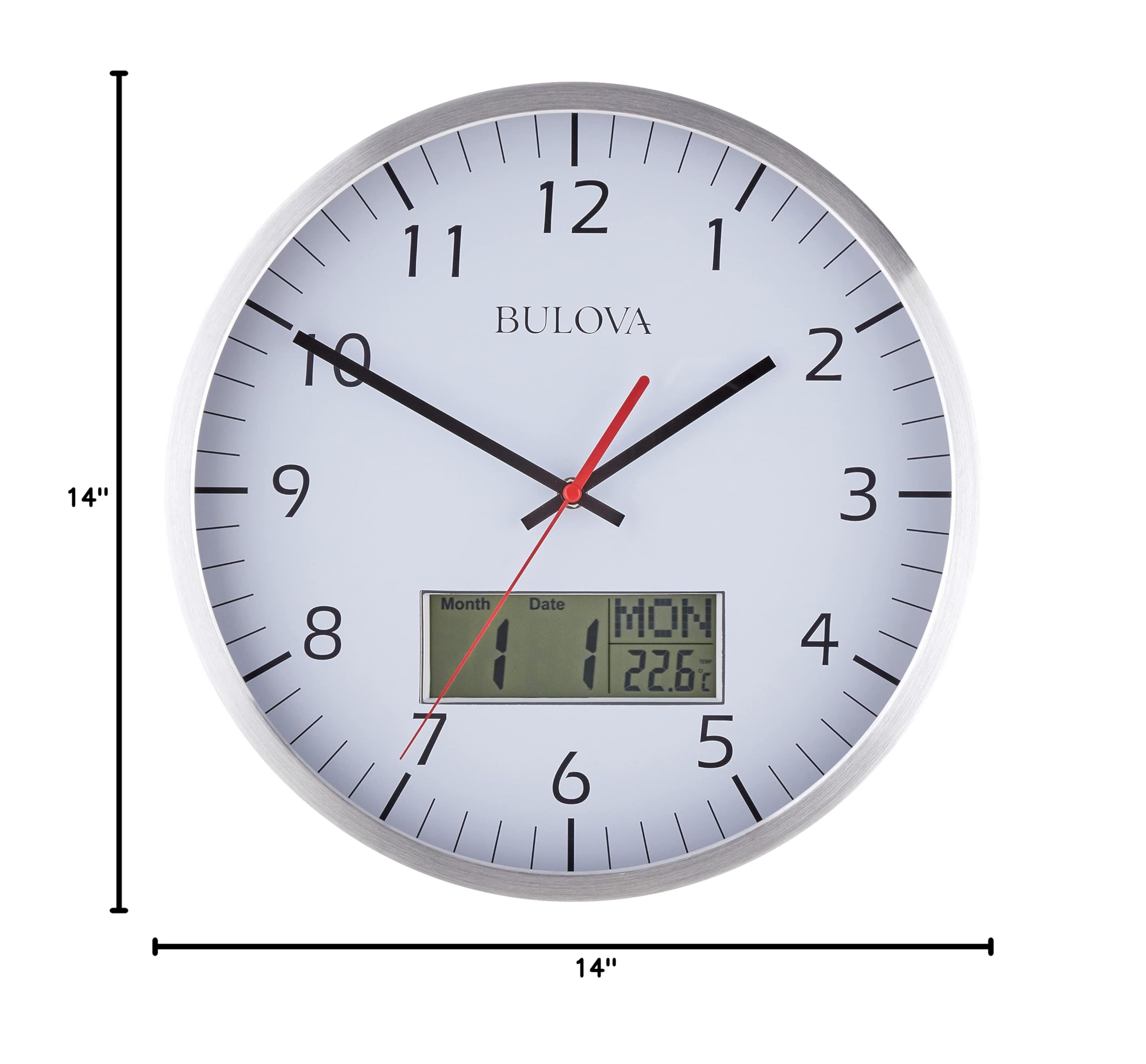 Bulova Manager Wall Clock C4810 | 14" Brushed Aluminum Industrial Frame with Digital Date & Temperature Display | Silent Sweep Quartz Movement | Battery Operated | Office & Home Décor - Image 4