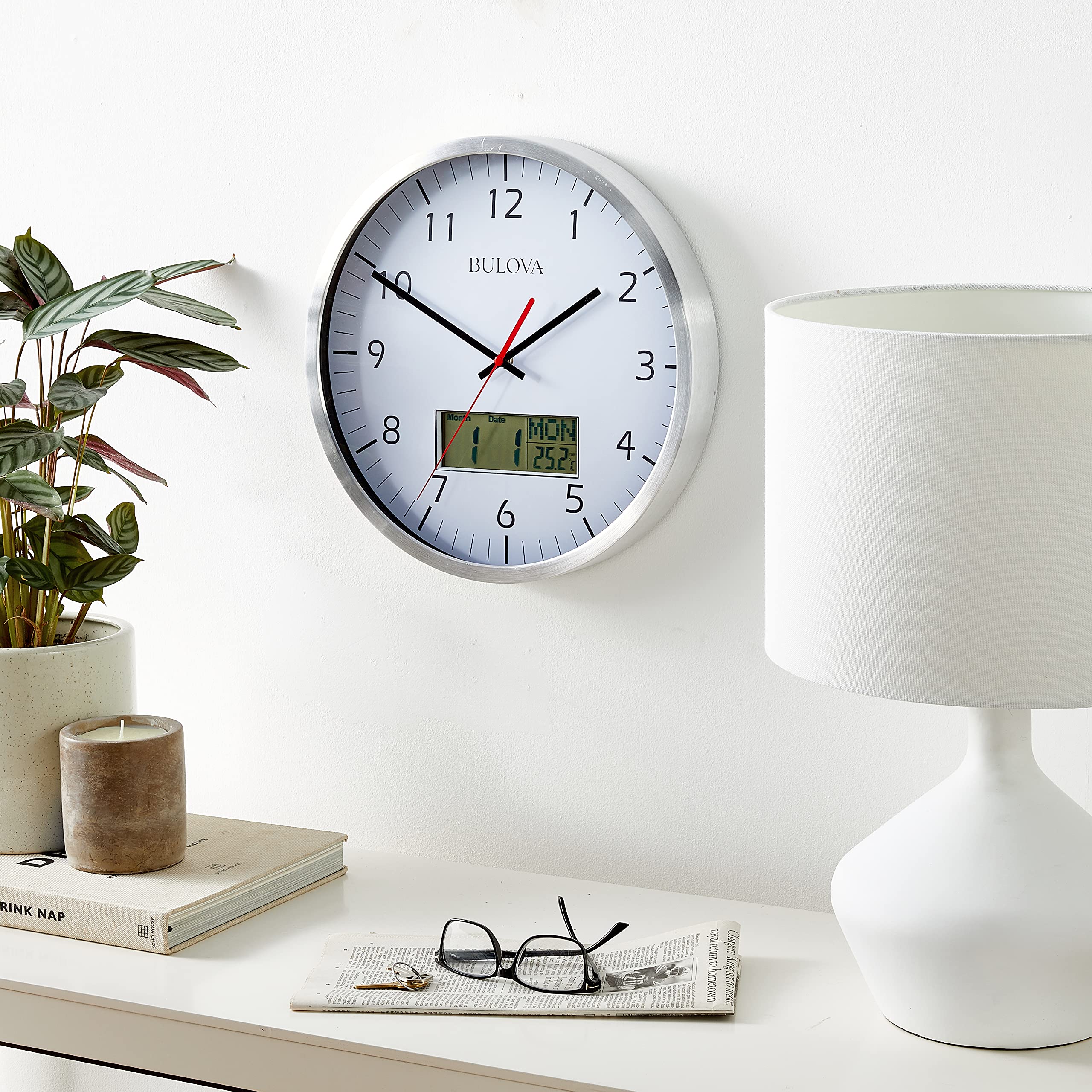 Bulova Manager Wall Clock C4810 | 14" Brushed Aluminum Industrial Frame with Digital Date & Temperature Display | Silent Sweep Quartz Movement | Battery Operated | Office & Home Décor - Image 5