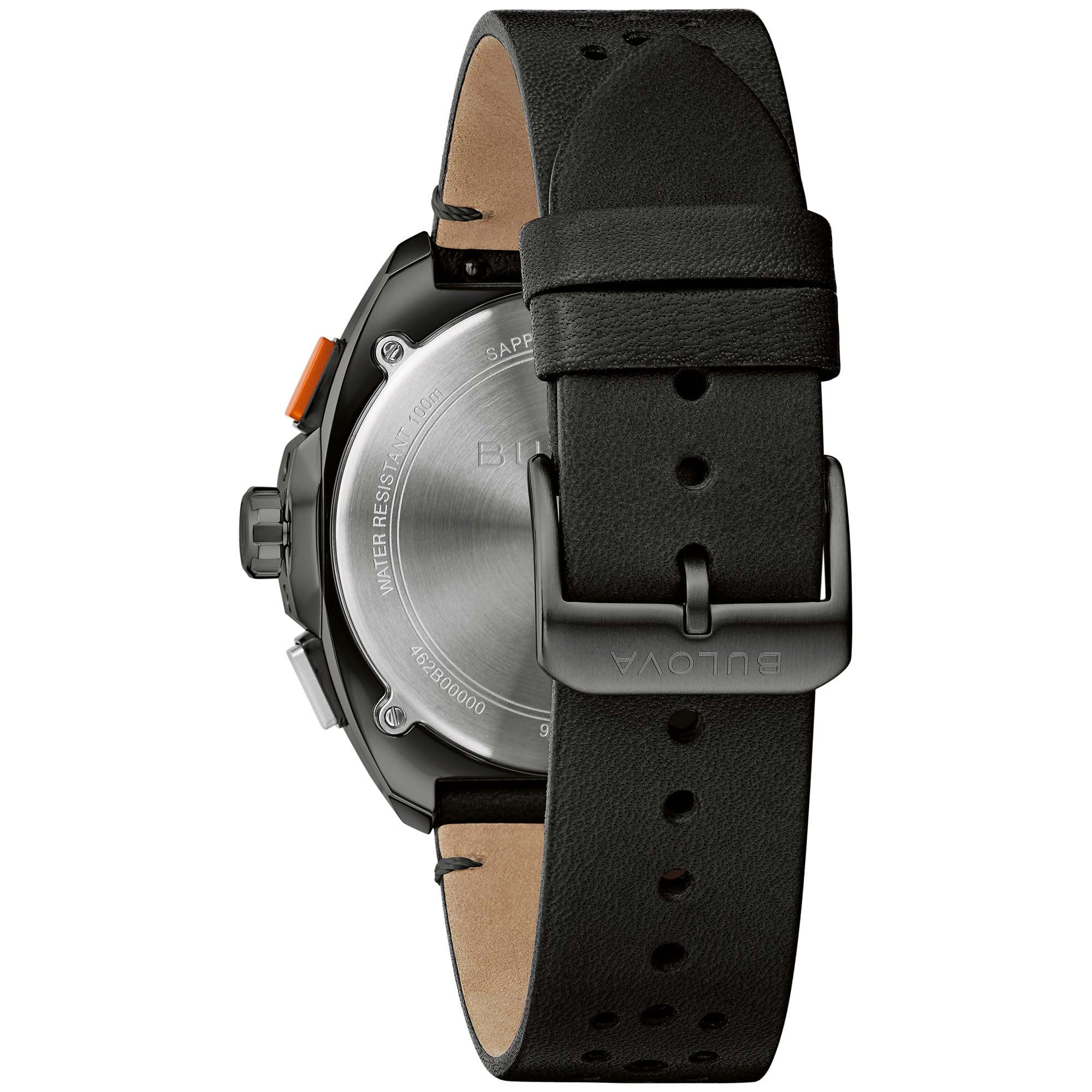 Bulova Men's Racer Chronograph Watch Black Leather Perforated Strap, Black Dial, Luminous Markers, Orange Accents, Tachymeter 42mm (Style: 98B428) - Image 3