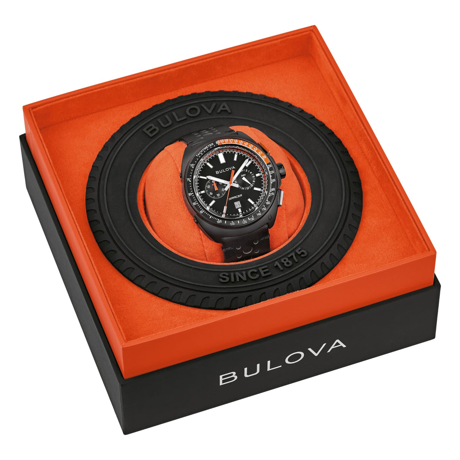 Bulova Men's Racer Chronograph Watch Black Leather Perforated Strap, Black Dial, Luminous Markers, Orange Accents, Tachymeter 42mm (Style: 98B428) - Image 4