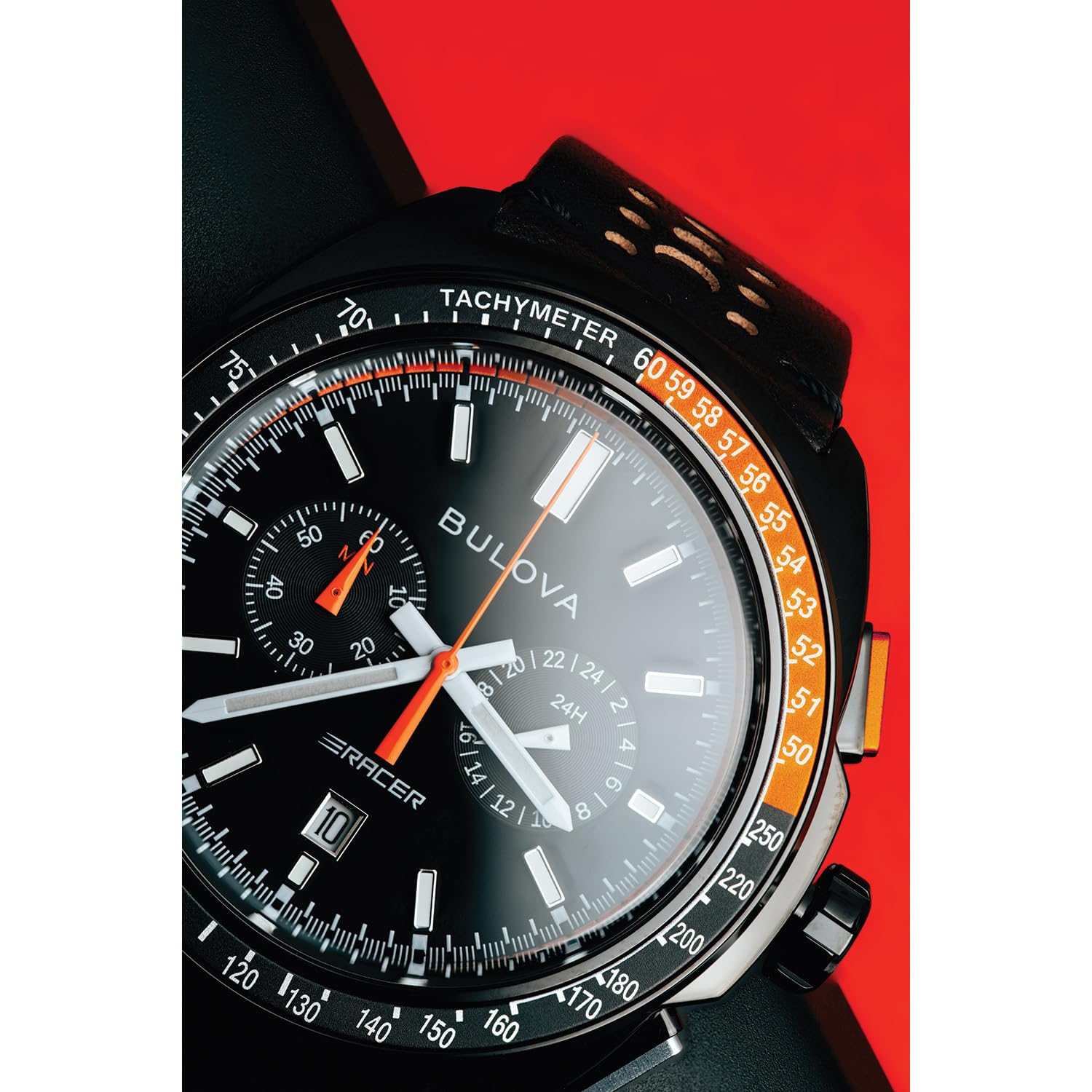 Bulova Men's Racer Chronograph Watch Black Leather Perforated Strap, Black Dial, Luminous Markers, Orange Accents, Tachymeter 42mm (Style: 98B428) - Image 5