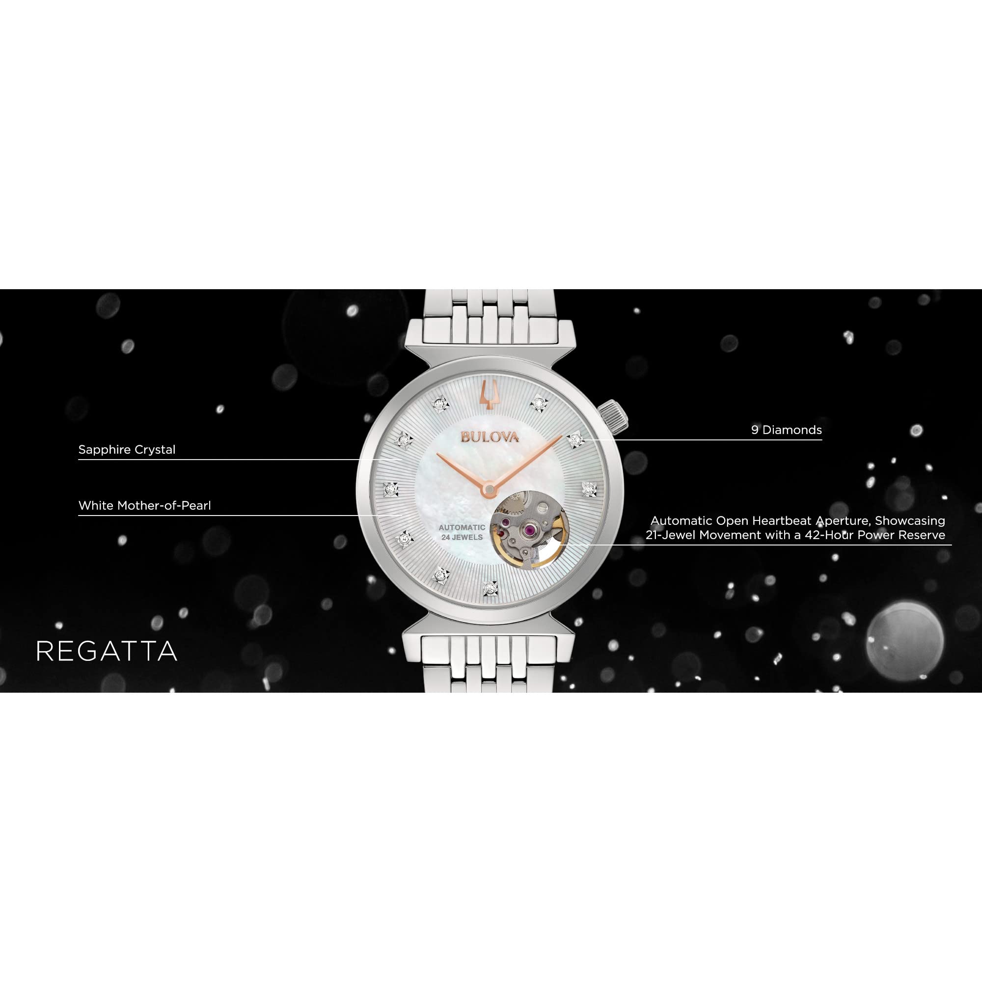 Bulova Women's Regatta Diamond Automatic Stainless Steel Open Aperture Watch, Mother of Pearl Dial Style: 96P222 - Image 4